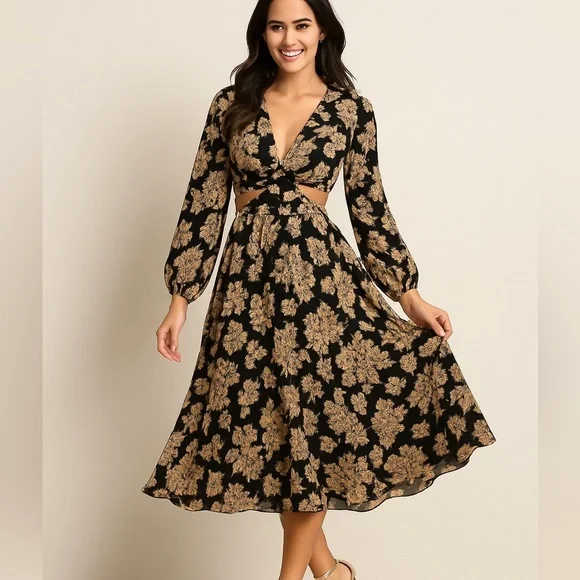 🔥Gianni Bini Marisol Jacquard Amber Flower,Cut-Out,Statement Dress, Size 10 - Picture 1 of 17